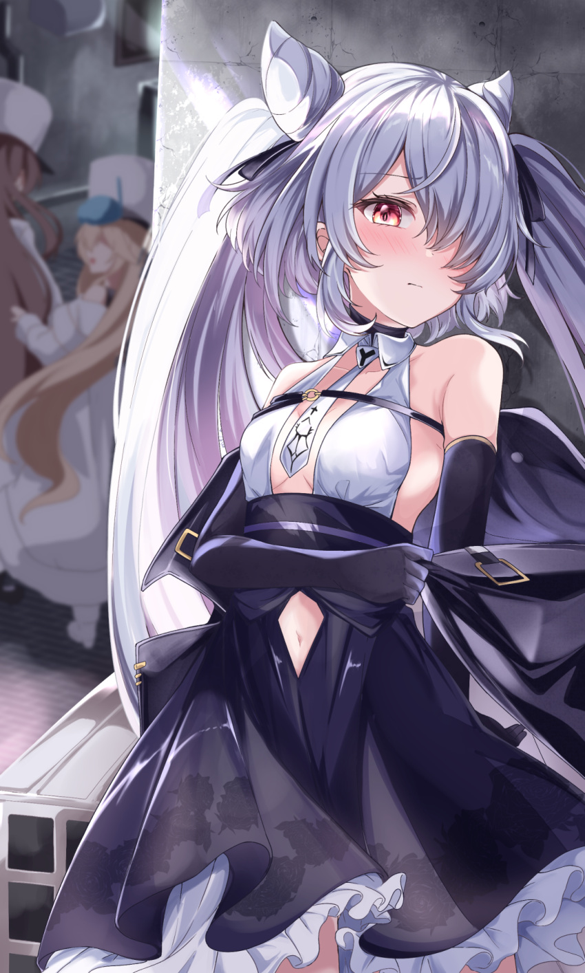 3girls acchii_(akina) azur_lane bare_shoulders between_breasts blue_dress blush breasts closed_mouth clothing_cutout commentary_request dress elbow_gloves eyebrows_visible_through_hair gloves hair_over_one_eye highres kiev_(azur_lane) kiev_(backstreet_silver_sonata)_(azur_lane) long_hair looking_at_viewer multiple_girls navel_cutout necktie necktie_between_breasts petticoat red_eyes silver_hair small_breasts soobrazitelny_(azur_lane) standing twintails very_long_hair volga_(azur_lane) white_necktie