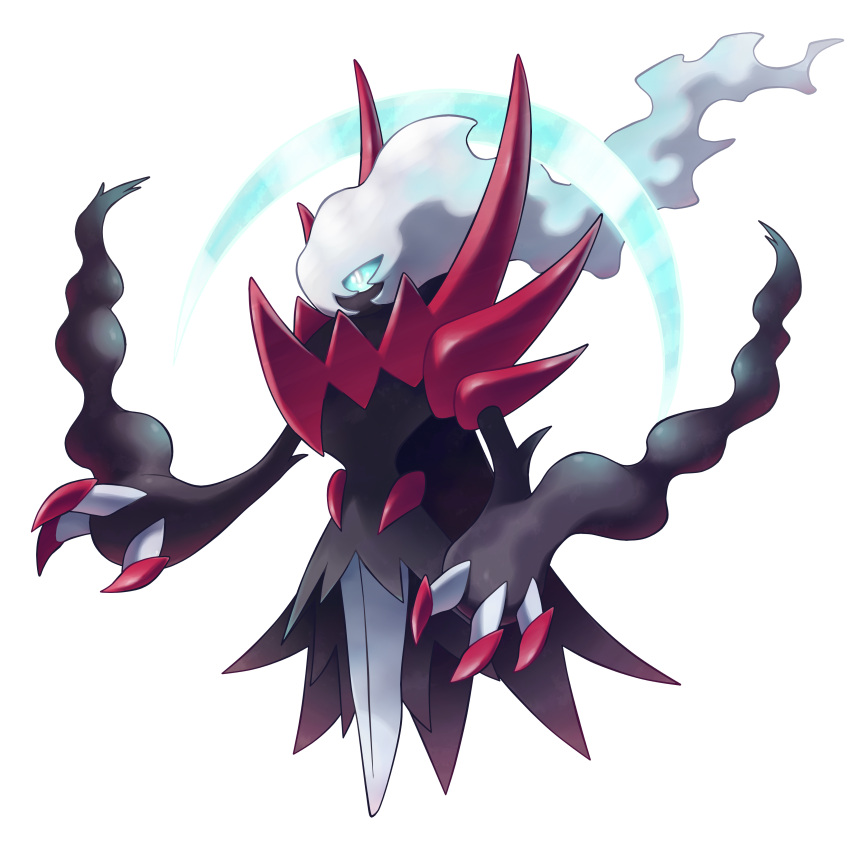 absurdres bangs blue_sclera claws colored_sclera commentary crescent darkrai english_commentary fakemon floating full_body highres hyshirey long_hair mega_pokemon no_humans official_style pokemon solo transparent_background white_eyes white_hair
