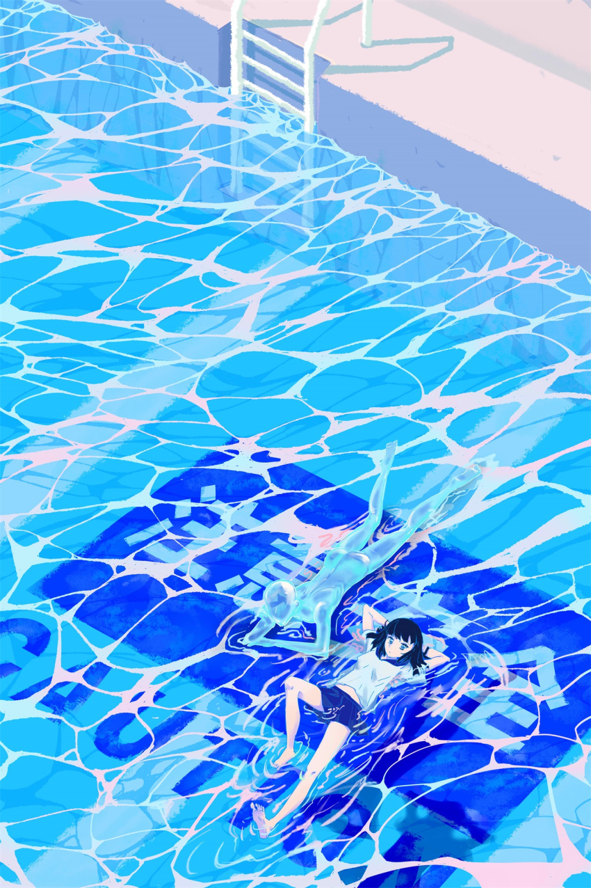 1girl arm_support bangs barefoot black_hair blue_eyes blue_skirt breasts chinese_commentary chinese_text closed_mouth ghost highres ladder looking_at_viewer medium_hair original pleated_skirt pool scenery school_uniform serafuku shadow skirt solo swimming thinking underwater wet wet_clothes wristband ya_yan