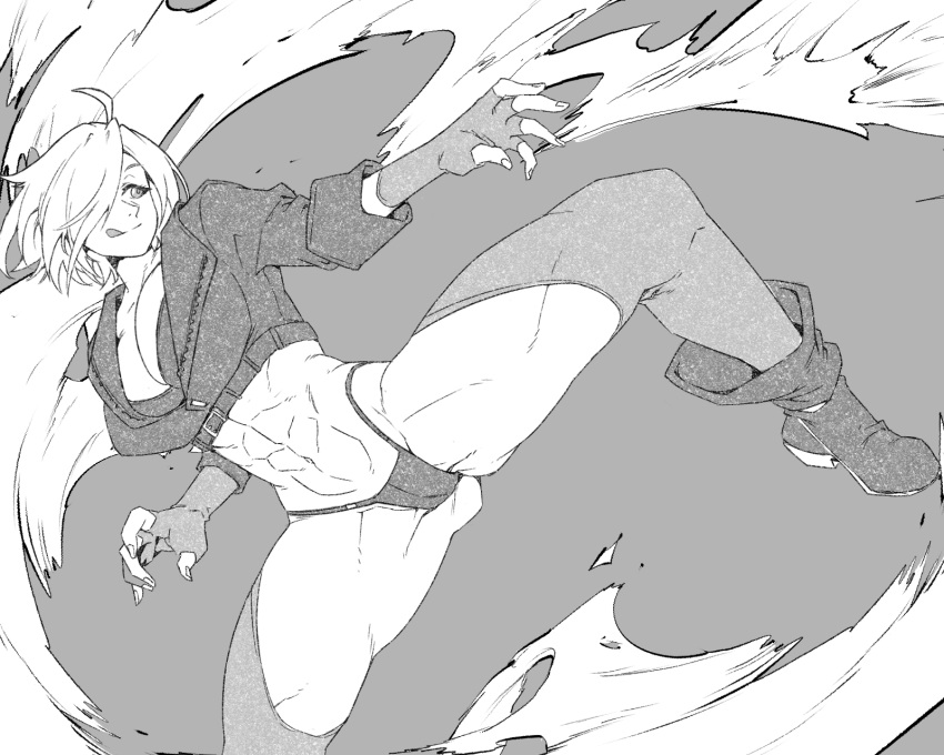 1girl abs ahoge angel_(kof) closed_mouth eyelashes fingerless_gloves fingernails gloves grey_background greyscale hair_over_one_eye highres kicking leg_up minew monochrome navel short_hair solo the_king_of_fighters toned tongue tongue_out