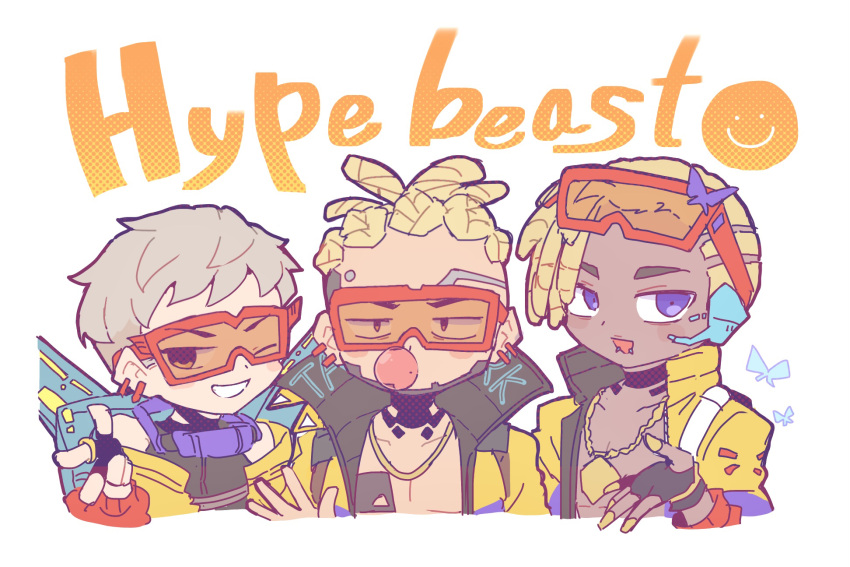 1girl 2boys apex_legends black_gloves blonde_hair blue_eyes blush cosplay crypto_(apex_legends) crypto_(apex_legends)_(cosplay) dark-skinned_male dark_skin dreadlocks eyewear_on_head fingerless_gloves gloves grey_hair hair_behind_ear headset highres hype_beast_crypto jacket lip_piercing multiple_boys nojima_minami official_alternate_costume one_eye_closed open_hand piercing portrait sanpaku seer_(apex_legends) v v-shaped_eyebrows valkyrie_(apex_legends) white_background yellow_jacket