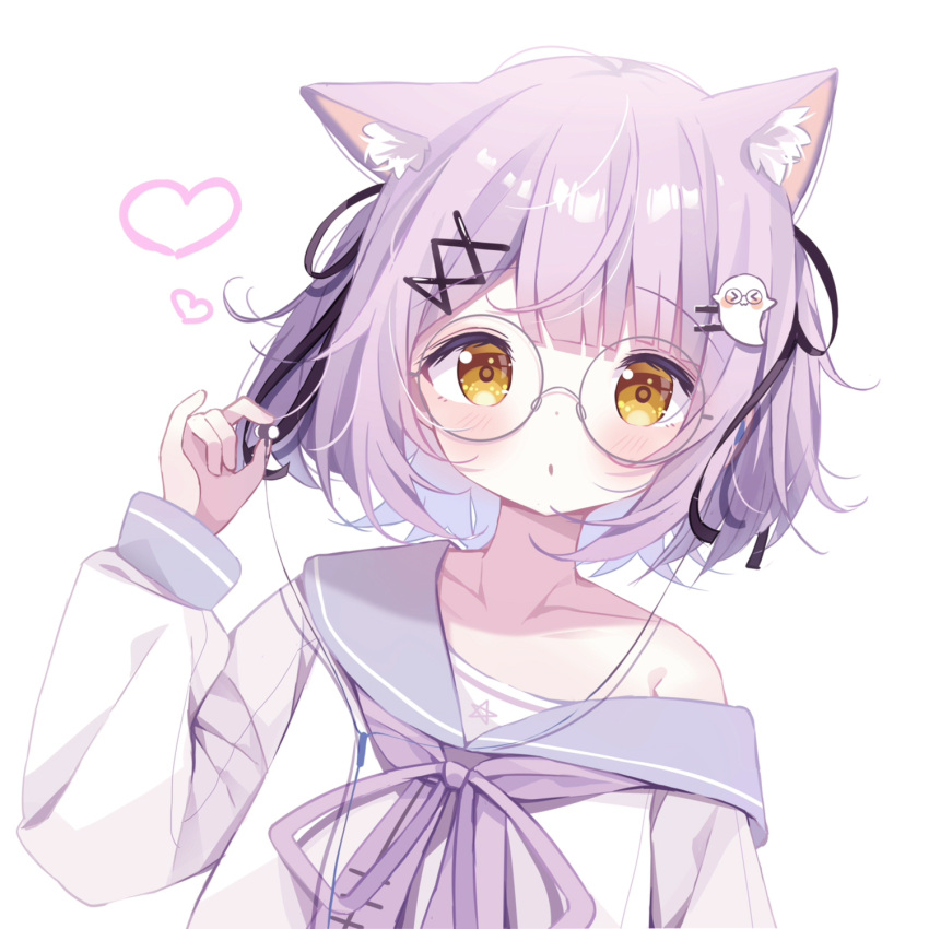 &gt;_&lt; 1girl blush brown_eyes collarbone commentary_request deyui ghost_hair_ornament glasses grey_sailor_collar hair_ornament hairclip hand_up heart highres long_sleeves looking_at_viewer neck_ribbon off_shoulder parted_lips puffy_long_sleeves puffy_sleeves purple_hair purple_ribbon ribbon round_eyewear sailor_collar school_uniform serafuku shinomiya_runa shirt simple_background sleeves_past_wrists solo upper_body virtual_youtuber vspo! white_background white_shirt x_hair_ornament