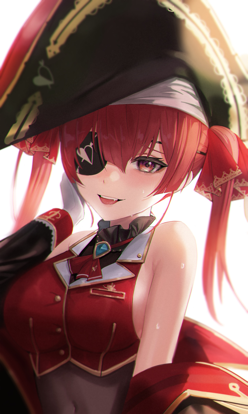 1girl :d arm_at_side backlighting bangs bare_shoulders bicorne blurry blush breasts brown_leotard buttons chromatic_aberration commentary_request covered_navel cropped_jacket eyebrows_behind_hair eyepatch fang gloves hair_between_eyes hand_on_own_cheek hand_on_own_face hand_up hat highres hololive houshou_marine jacket korean_commentary large_breasts leotard long_hair looking_at_viewer mixed-language_commentary moth1 one_eye_covered open_mouth peaked_cap red_eyes red_jacket redhead simple_background sleeveless sleeveless_jacket smile solo sweat teeth tongue twintails upper_body upper_teeth virtual_youtuber white_background white_gloves