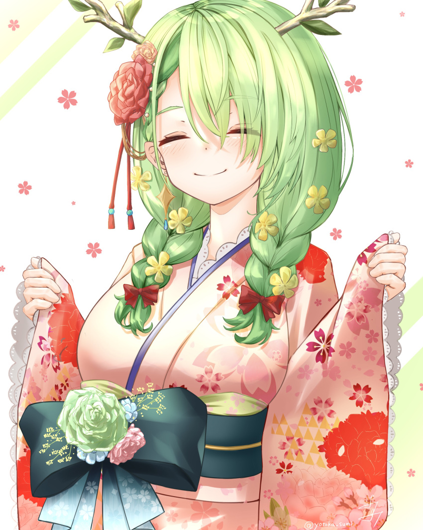 1girl absurdres antlers bangs braid breasts ceres_fauna closed_eyes commentary_request eyebrows_visible_through_hair eyes_visible_through_hair floral_print flower green_hair hair_flower hair_ornament highres hololive hololive_english japanese_clothes kimono lace-trimmed_kimono lace-trimmed_sleeves lace_trim large_breasts long_hair long_sleeves obi pink_kimono print_kimono sash sleeves_past_wrists smile solo twin_braids u_da_desu upper_body virtual_youtuber wide_sleeves