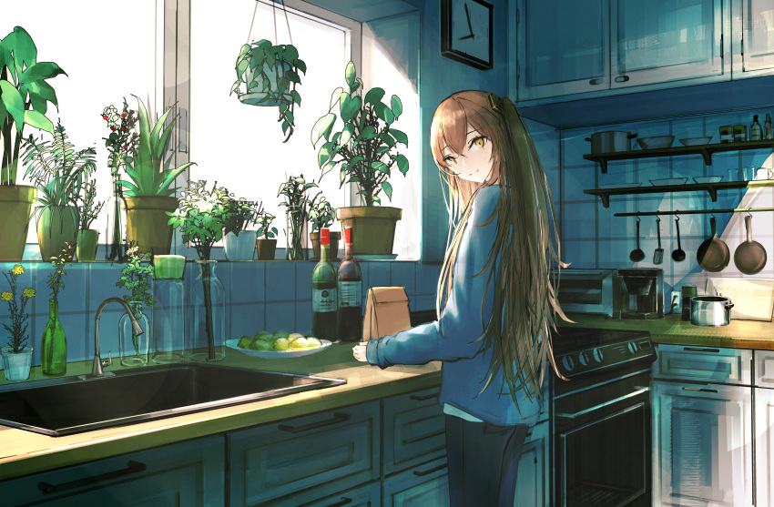 1girl absurdres bottle brown_eyes brown_hair counter faucet frying_pan girls_frontline highres indoors kitchen kofi59652451 ladle long_hair long_sleeves one_side_up oven plant pot potted_plant scar scar_across_eye shirt sink smile solo spatula standing ump45_(girls'_frontline) very_long_hair white_shirt