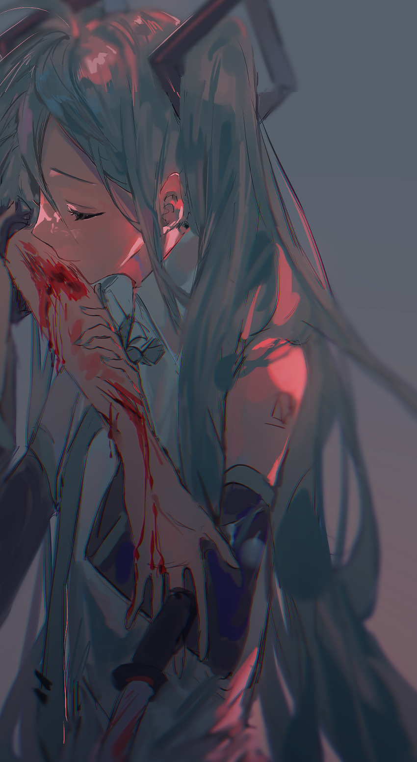 1girl arm_tattoo bicycle black_sleeves blood_on_arm blue_hair blue_necktie closed_eyes collared_shirt commentary detached_sleeves genn_00o grey_background ground_vehicle hatsune_miku highres injury long_hair necktie shirt sleeveless sleeveless_shirt solo tattoo twintails upper_body vocaloid