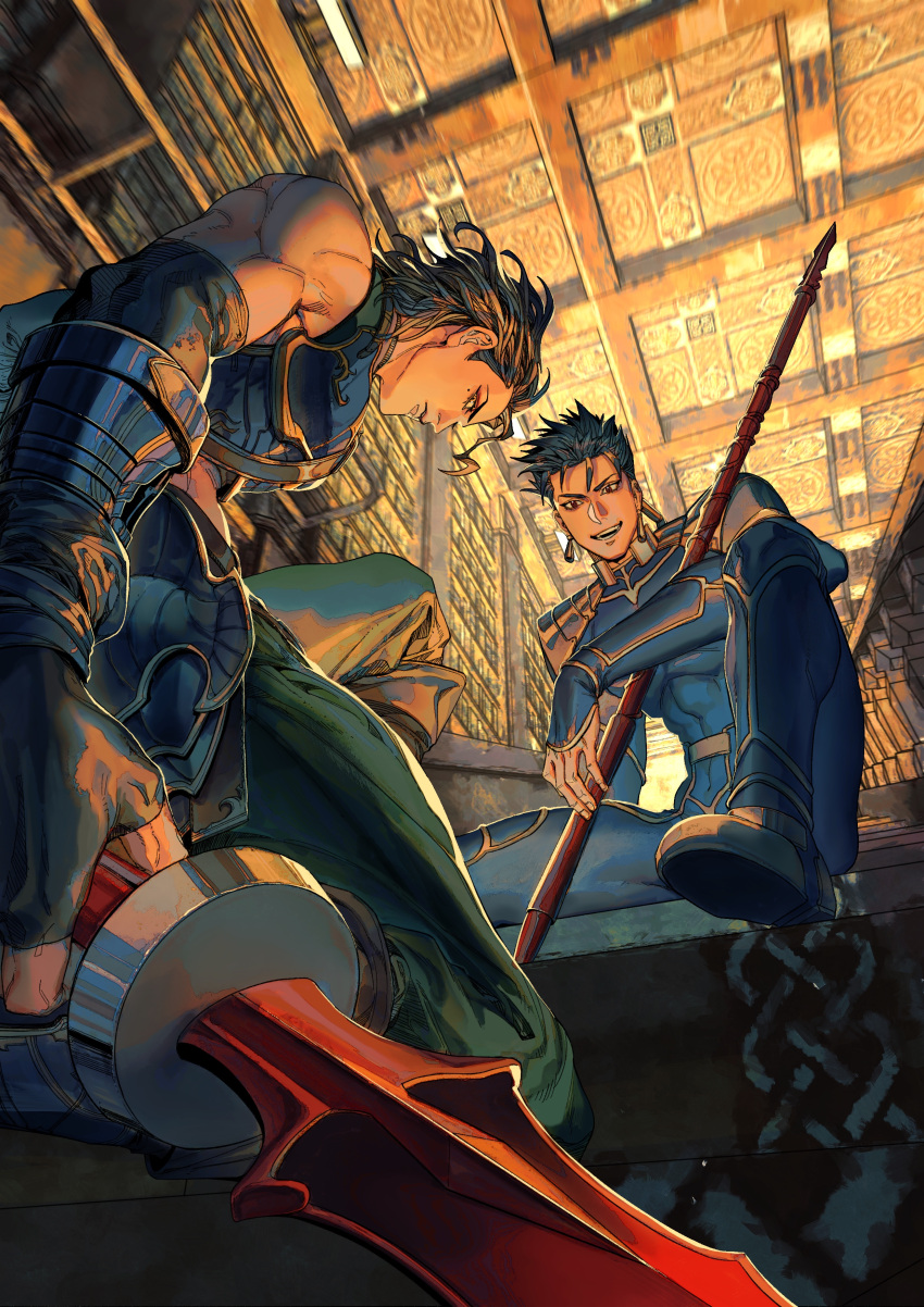 absurdres armor biceps black_hair blue_bodysuit blue_hair bodysuit bracer celtic_knot closed_mouth cu_chulainn_(fate) cu_chulainn_(fate/stay_night) diarmuid_ua_duibhne_(lancer)_(fate) earrings fate/stay_night fate/zero fate_(series) fi-n-ona foreshortening gae_bolg_(fate) gloves grin highres holding holding_polearm holding_weapon jewelry long_hair looking_at_viewer male_focus mole muscular muscular_male open_mouth pants pauldrons polearm ponytail red_eyes shirt short_hair shoulder_armor sitting skin_tight sleeveless sleeveless_shirt smile weapon yellow_eyes