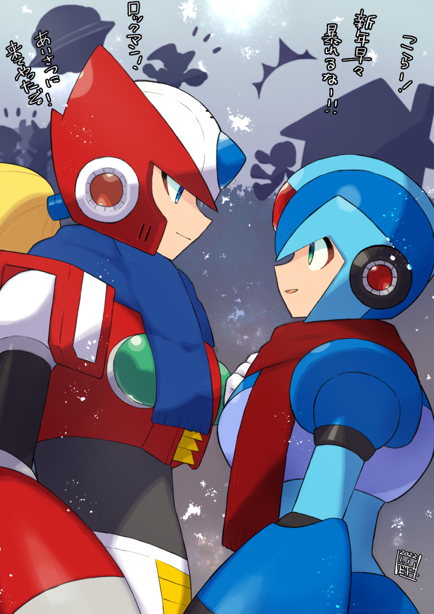 4boys android bass_(mega_man) blonde_hair blue_eyes blue_scarf closed_mouth commentary dated green_eyes hand_on_own_chest helmet highres house looking_at_another male_focus mega_man_(character) mega_man_(series) mega_man_x_(character) mega_man_x_(series) multiple_boys open_mouth outdoors ponytail red_scarf robot scarf silhouette smile snowflakes tobitori translation_request zero_(mega_man)