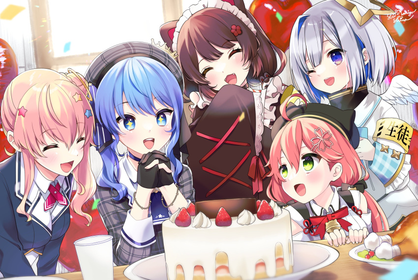 +_+ 5girls amane_kanata anemachi animal_ears balloon bangs birthday_cake black_gloves blue_eyes blue_hair brown_hair cake colored_inner_hair commentary_request dog_ears fangs food gloves green_eyes hair_ornament heart_balloon highres holding holding_party_popper hololive hoshimachi_suisei inui_toko multicolored_hair multiple_girls nijisanji one_eye_closed open_mouth own_hands_together partially_fingerless_gloves party_popper pink_hair sakura_miko shinomiya_shino_(sinosino141) siblings silver_hair sisters sleeves_past_fingers sleeves_past_wrists smile star_(symbol) star_hair_ornament two-tone_hair upper_body virtual_youtuber window