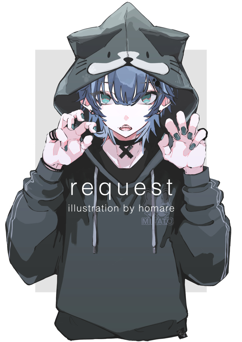 1boy absurdres animal_hood black_choker black_hole blue_eyes blue_hair cat_hood choker claw_pose commentary_request commission drawstring grey_background hands_up highres homare_eramoh hood hood_up jewelry looking_at_viewer male_focus open_mouth original paw_print ring sharp_teeth short_hair skeb_commission solo teeth two-tone_background upper_body white_background