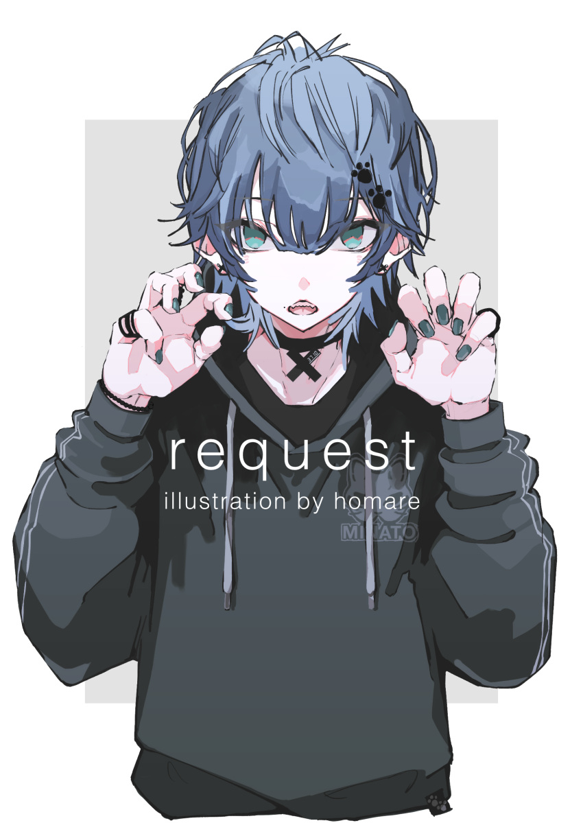 1boy absurdres black_choker black_hole blue_eyes blue_hair choker claw_pose commentary_request commission drawstring grey_background hands_up highres homare_eramoh hood hood_down jewelry looking_at_viewer male_focus open_mouth original paw_print ring sharp_teeth short_hair skeb_commission solo teeth two-tone_background upper_body white_background