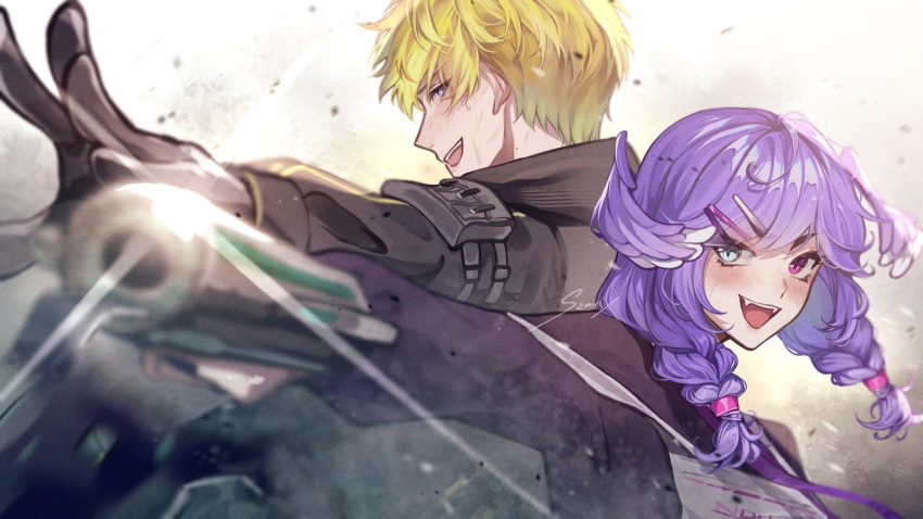 1boy 1girl :d back-to-back black_jacket black_sweater blonde_hair blue_eyes braid english_commentary fangs floating_hair gun heterochromia highres holding holding_gun holding_weapon jacket medium_hair nijisanji nijisanji_en open_mouth purple_hair selen_tatsuki shiny smile smoke sonny_brisko sweater szainx twin_braids v-shaped_eyebrows violet_eyes virtual_youtuber weapon