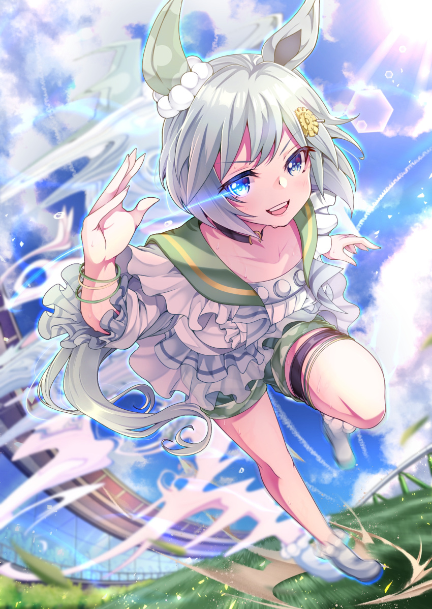 afterimage animal_ears blue_eyes clouds collarbone commentary_request grass hero_(10cl3) highres horse_ears horse_girl horse_tail leg_up looking_at_viewer motion_blur racetrack running seiun_sky_(umamusume) shoes short_hair silver_hair sweatdrop tail umamusume