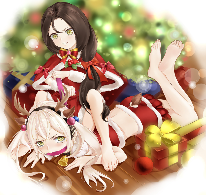 2girls absurdres angry animal_ears antlers bare_legs barefoot bell black_hair blurry blurry_background blush bow box christmas christmas_ornaments christmas_tree collar commentary_request deer_ears deer_tail destroyer_(girls'_frontline) dreamer_(girls'_frontline) dress dyamond fake_animal_ears fake_antlers feet frown gag gift gift_box girls_frontline grin hair_bow highres lens_flare lens_flare_abuse long_hair looking_at_another lying midriff multiple_girls neck_bell on_person on_stomach red_dress reindeer_antlers sangvis_ferri santa_costume smile soles tail the_pose toenails toes twintails white_hair yellow_eyes