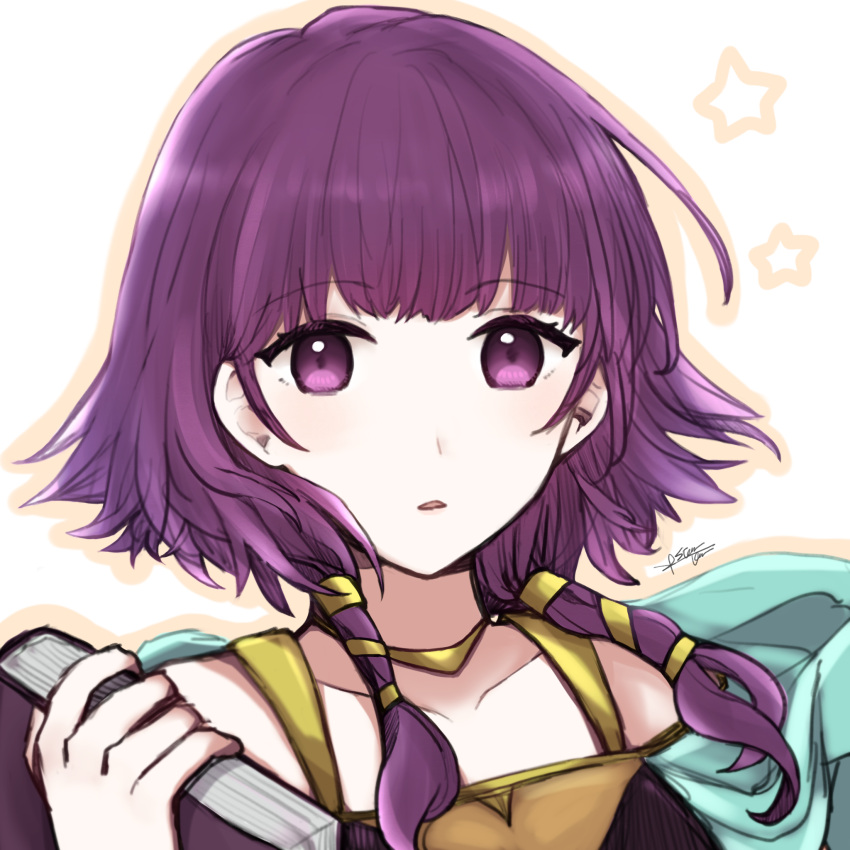 1girl bare_shoulders blush book cape collarbone eyebrows_visible_through_hair fire_emblem fire_emblem:_the_sacred_stones highres holding holding_book looking_at_viewer low_twintails lute_(fire_emblem) medium_hair misato_hao open_mouth outline portrait simple_background solo star_(symbol) twintails white_background