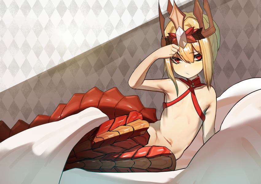 1girl absurdres bare_shoulders blonde_hair crown enlightenment_(keimontinus) fate/grand_order fate/grand_order_arcade fate_(series) flat_chest hair_between_eyes highres looking_at_viewer navel nero_claudius_(fate) queen_draco_(fate) red_eyes revealing_clothes sitting solo tail