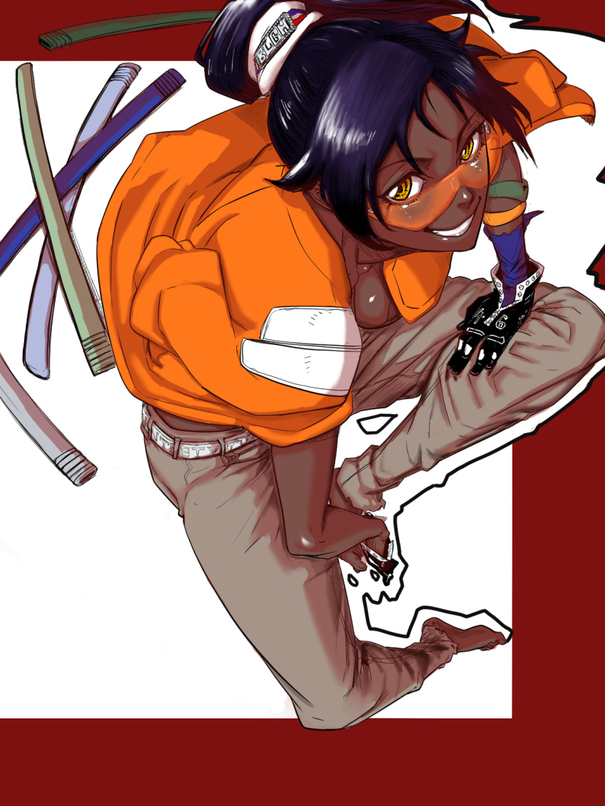 1girl alternate_costume barefoot belt bleach breasts collarbone dark-skinned_female dark_skin elbow_rest from_above full_body gloves grin hand_rest highres jacket jacket_on_shoulders leaning_forward long_hair looking_at_viewer looking_up medium_breasts no_bra open_clothes open_jacket orange-tinted_eyewear pants purple_hair scabbard sheath shihouin_yoruichi shiny shiny_skin sitting smile solo sunglasses tata_(pixiv57531723) tied_hair tinted_eyewear triangular_eyewear yellow_eyes