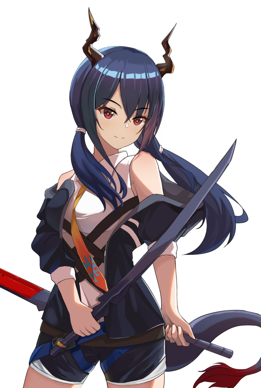 1girl absurdres arknights asymmetrical_hair belt black_jacket black_shorts brown_belt ch'en_(arknights) chi_xiao_(arknights) collared_shirt cowboy_shot daimaoxuanyi dragon_girl dragon_horns dragon_tail dual_wielding eyebrows_visible_through_hair hair_between_eyes highres holding holding_sword holding_weapon horns jacket looking_at_viewer necktie open_clothes open_jacket orange_necktie red_eyes shirt short_shorts shorts simple_background sleeveless sleeveless_shirt smile solo split_mouth sword sword_behind_back tail twintails weapon white_background white_shirt