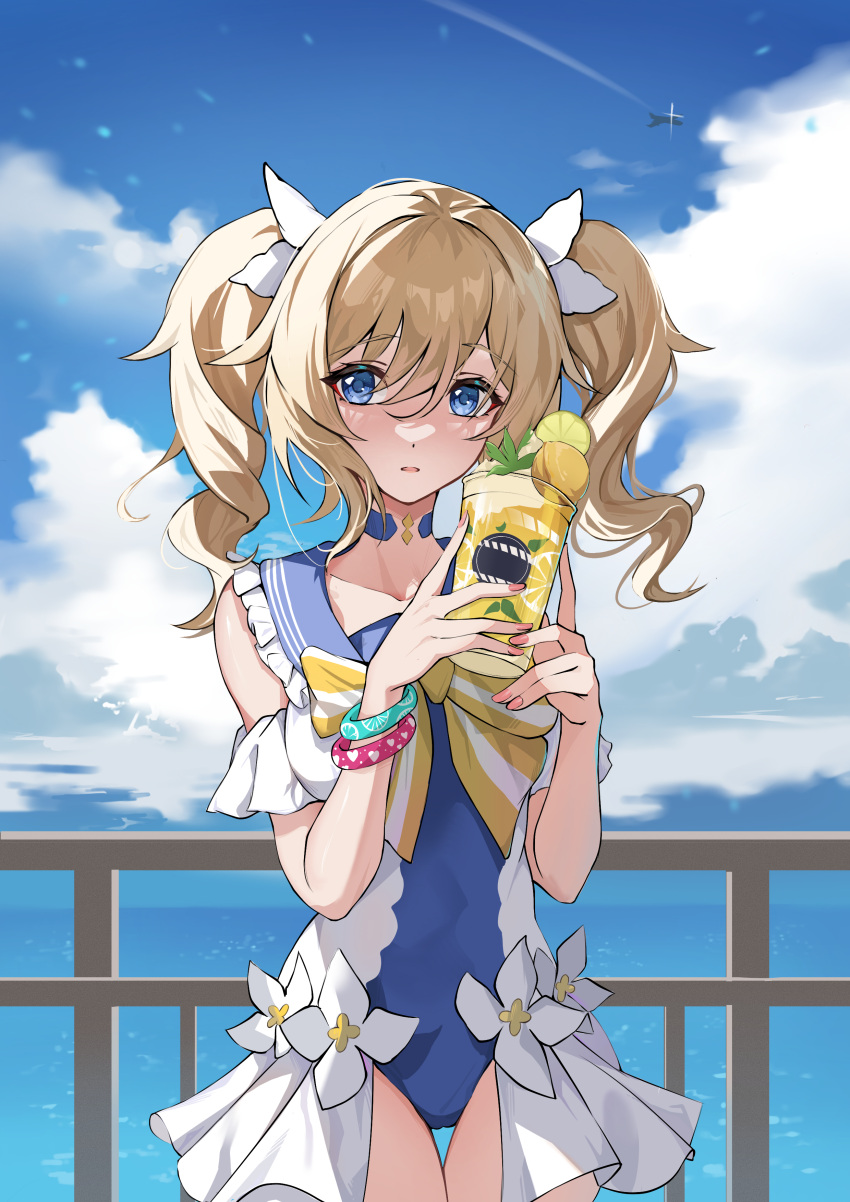 1girl absurdres bangs barbara_(genshin_impact) bare_shoulders blonde_hair blue_choker blue_eyes blue_sky bow chinese_commentary choker clouds commentary_request cowboy_shot cup day eyebrows_visible_through_hair genshin_impact hair_between_eyes hair_ribbon hands_up highres holding holding_cup lemonade long_hair looking_at_viewer one-piece_swimsuit outdoors paradox parted_lips railing ribbon sky solo standing swimsuit twintails white_ribbon yellow_bow