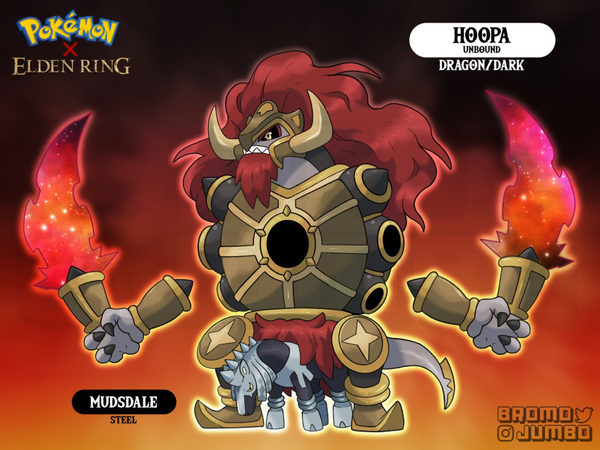 artist_name black_sclera bromojumbo character_name colored_sclera copyright_name crossover elden_ring highres holding holding_weapon hoopa hoopa_(unbound) horse long_hair no_humans pokemon pokemon_(creature) red_background starscourge_radahn teeth weapon yellow_eyes