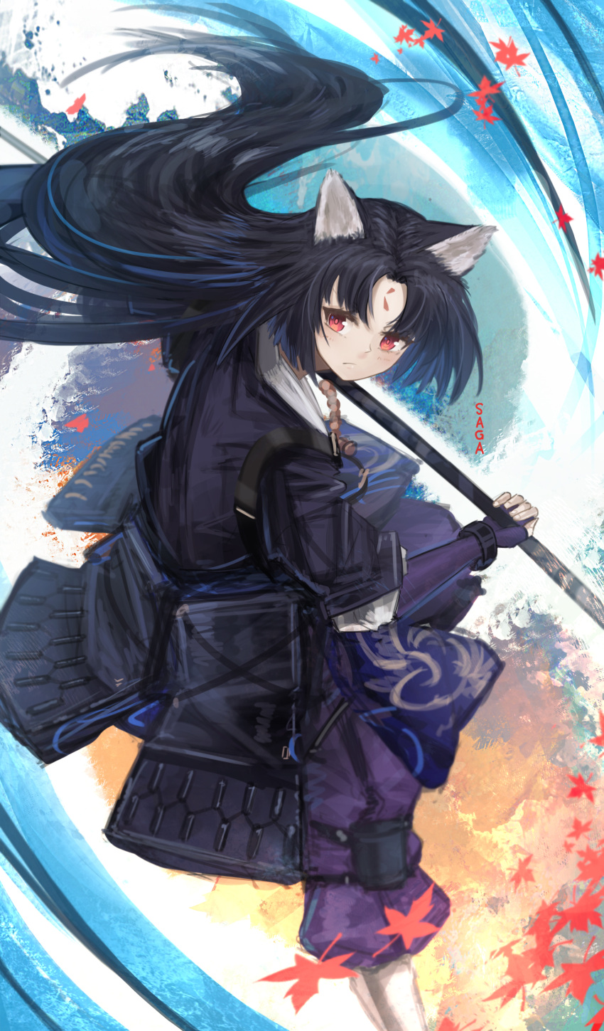 1girl abstract_background absurdres animal_ears arknights autumn_leaves bangs black_gloves black_hair black_kimono blush bracelet closed_mouth dog_ears elbow_gloves facial_mark fingerless_gloves forehead_mark franlol gloves highres holding holding_weapon japanese_clothes jewelry kimono knee_pads leaf leg_up long_hair looking_at_viewer maple_leaf naginata pants parted_bangs polearm purple_pants red_eyes saga_(arknights) solo standing standing_on_one_leg very_long_hair weapon