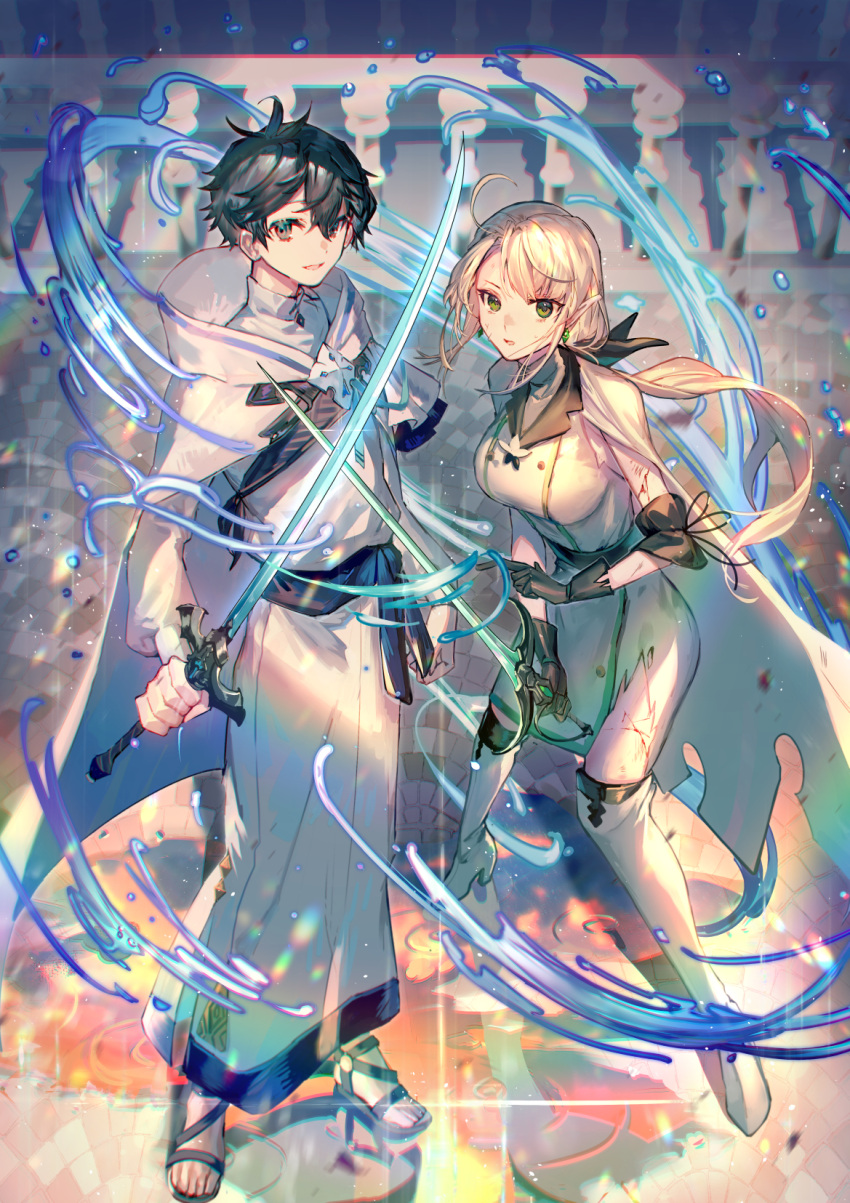 1boy 1girl :d ahoge bangs black_eyes black_footwear black_gloves black_hair blonde_hair blood breasts buttons cape chromatic_aberration commentary_request diffraction_spikes earrings eyebrows_behind_hair full_body gloves green_eyes hair_between_eyes high_heels highres holding holding_sword holding_weapon jewelry kneehighs large_breasts leaning_forward lens_flare long_hair looking_at_viewer mebaru official_art open_mouth pointy_ears railing scratches short_hair smile standing swept_bangs sword water weapon white_cape white_legwear
