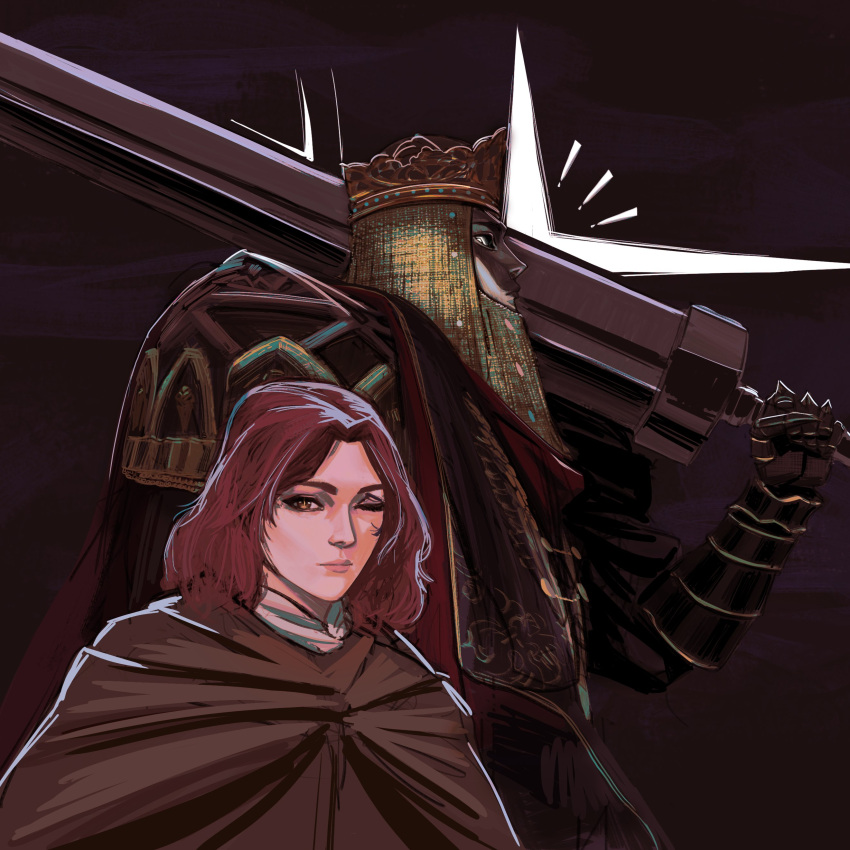 1boy 1girl absurdres armor brown_cape brown_eyes cape closed_mouth crown elden_ring franzilla full_armor gauntlets height_difference highres holding holding_sword holding_weapon looking_at_viewer mask melina_(elden_ring) one_eye_closed pauldrons redhead shoulder_armor sword tarnished_(elden_ring) weapon