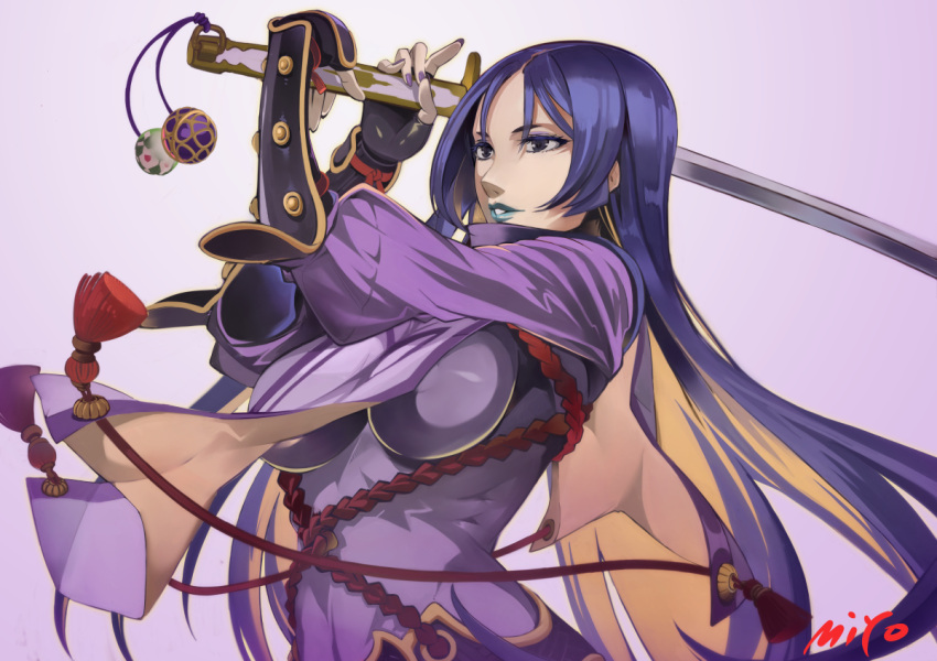 1girl artist_name blue_lips bodysuit breasts commentary_request eyebrows eyelashes fate/grand_order fate_(series) fingerless_gloves forehead gloves gold_trim gradient gradient_background hands_up holding holding_sword holding_weapon katana large_breasts long_sleeves looking_ahead minamoto_no_raikou_(fate) miyo_(13th_floor) parted_lips pointy_nose puffy_long_sleeves puffy_sleeves purple_bodysuit purple_hair purple_nails rope simple_background solo sword tassel upper_body v-shaped_eyebrows violet_eyes weapon