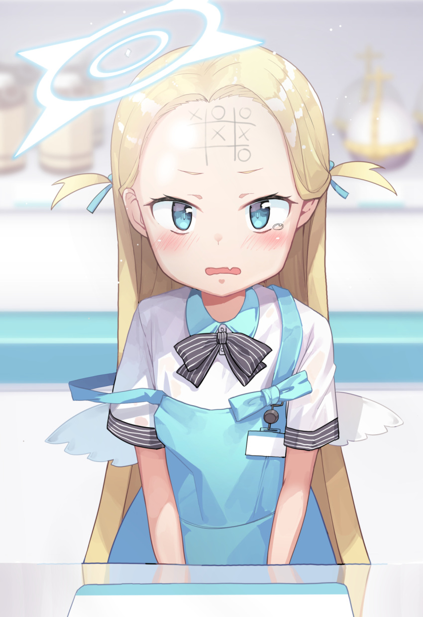 1girl apron black_bow blonde_hair blue_apron blue_archive blue_eyes blurry blurry_background blush bow collared_shirt commentary_request depth_of_field fang forehead forehead_writing highres long_hair looking_at_viewer newey open_mouth shirt short_sleeves solo sora_(arknights) strap_slip striped striped_bow tears tic-tac-toe two_side_up upper_body very_long_hair wavy_hair white_shirt