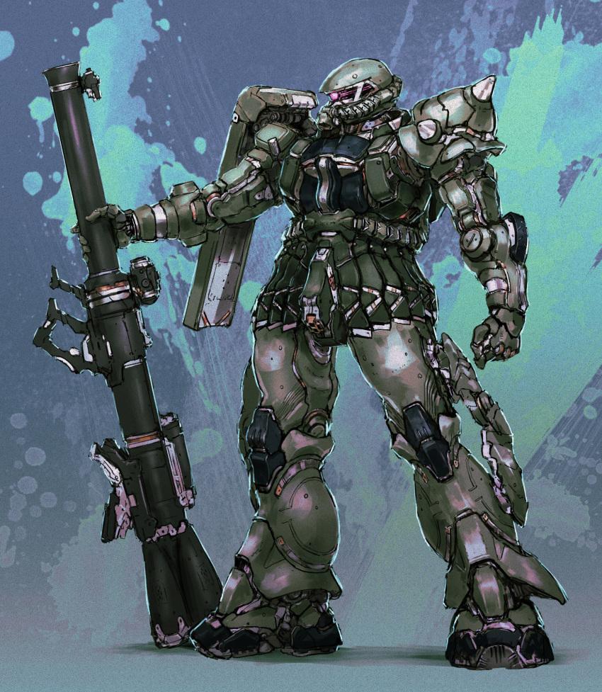 clenched_hand gun gundam highres holding holding_gun holding_weapon looking_ahead mecha mobile_suit mobile_suit_gundam no_humans one-eyed redesign science_fiction solo standing violet_eyes weapon yutori_(clockwork_chicken) zaku_ii zeon