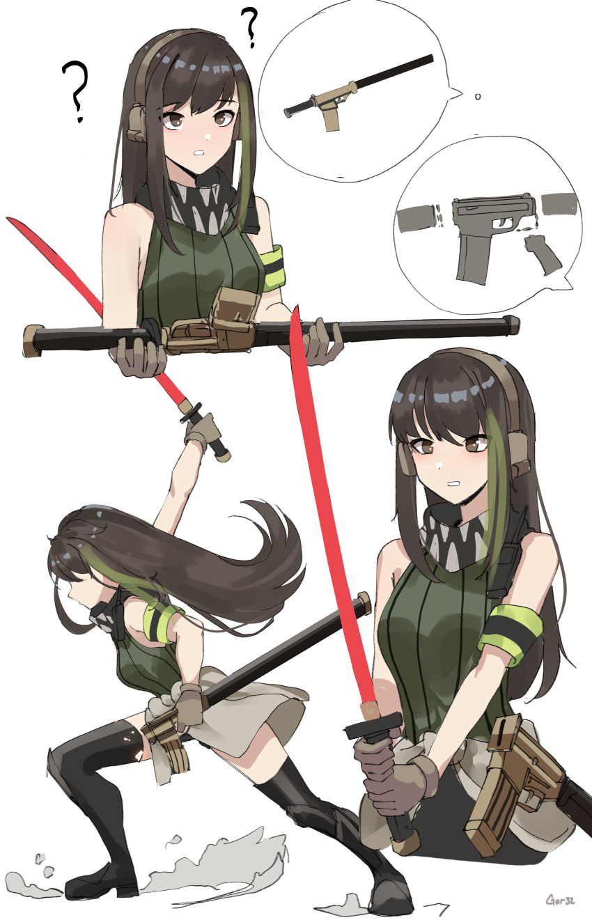 1girl ? absurdres artist_name assault_rifle boots cursed_m4a1 fighting_stance gar32 girls_frontline gloves gun headphones highres holding holding_weapon katana kendo long_hair m4_carbine m4a1_(girls'_frontline) magazine_(weapon) rifle scabbard sheath solo sword weapon white_background