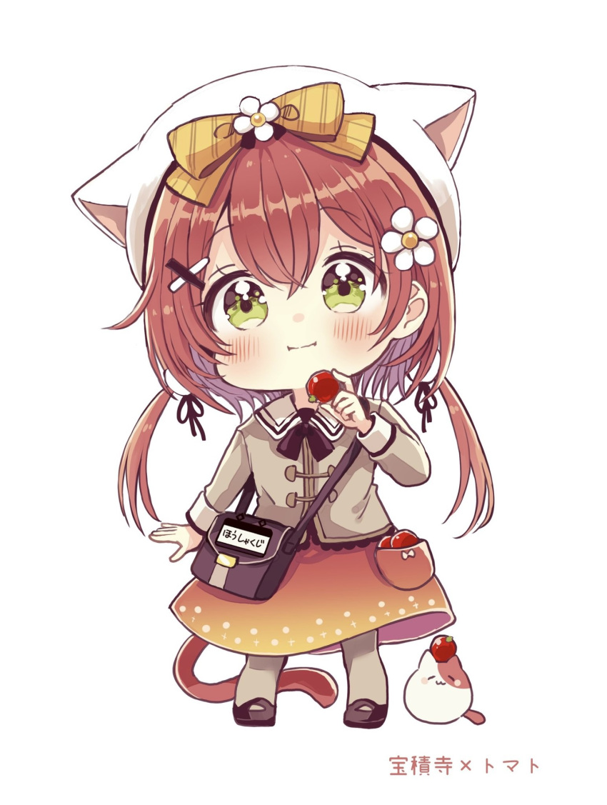 1girl :i animal animal_ears animal_hat bag bangs beret black_bow black_footwear blush bow cat cat_ears cat_hat cat_tail closed_mouth collared_shirt commentary_request diagonal-striped_bow eating eyebrows_visible_through_hair fake_animal_ears flower food full_body green_eyes grey_legwear grey_shirt hair_between_eyes hair_flower hair_ornament hairclip hat highres holding holding_food long_hair long_sleeves looking_at_viewer original pantyhose red_skirt redhead sakura_oriko shirt shoes shoulder_bag simple_background skirt solo standing tail translation_request two_side_up very_long_hair wavy_hair white_background white_flower white_headwear x_hair_ornament yellow_bow