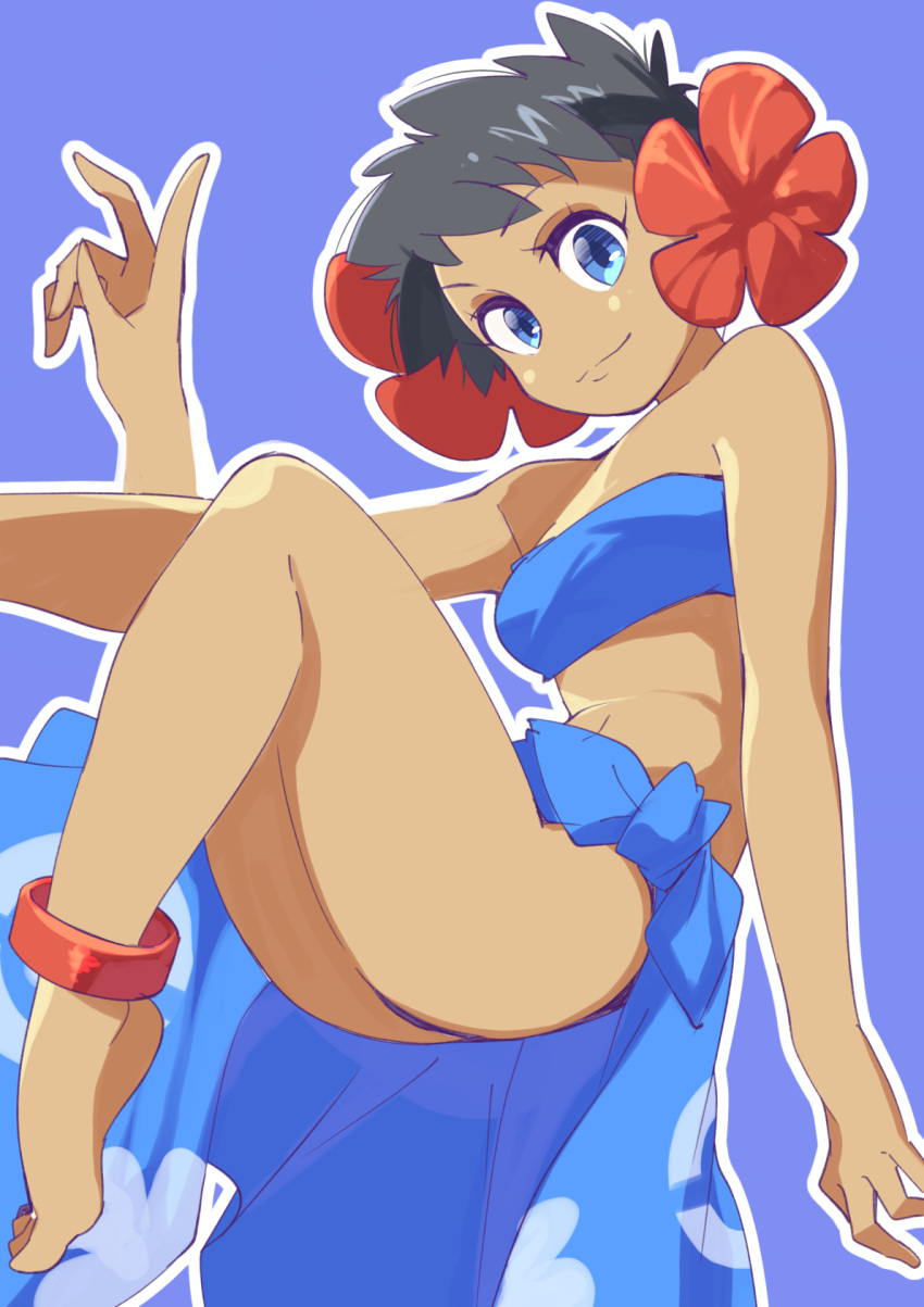 1girl bandeau bare_shoulders barefoot black_hair blue_eyes blue_sarong breasts closed_mouth dark-skinned_female dark_skin flower hair_flower hair_ornament highres jewelry looking_at_viewer nozumu phoebe_(pokemon) pokemon pokemon_(game) pokemon_rse print_sarong sarong short_hair simple_background smile solo strapless