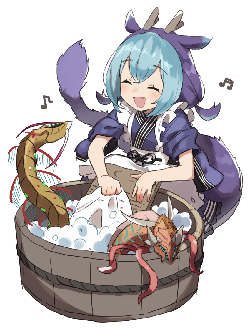 1girl absurdres apron blue_hair closed_eyes dragon_girl dragon_tail dress duel_monster frilled_apron frills gazacy_(dai) half_note highres laundry_dragonmaid musical_note open_mouth paleozoic_canadia paleozoic_pikaia purple_hair simple_background sleeves_rolled_up smile soap_bubbles tail washboard washing washtub white_background yu-gi-oh!