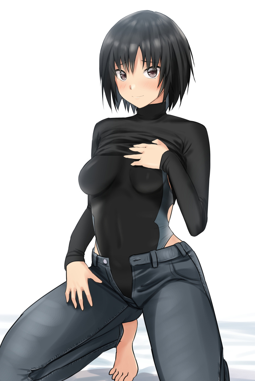 1girl amagami barefoot black_eyes black_hair black_sweater black_swimsuit clothes_lift commentary_request denim full_body grey_pants hand_on_own_chest highres jeans kneeling lifted_by_self looking_at_viewer nanasaki_ai pants short_hair simple_background solo sweater sweater_lift swimsuit swimsuit_under_clothes turtleneck white_background ykh1028