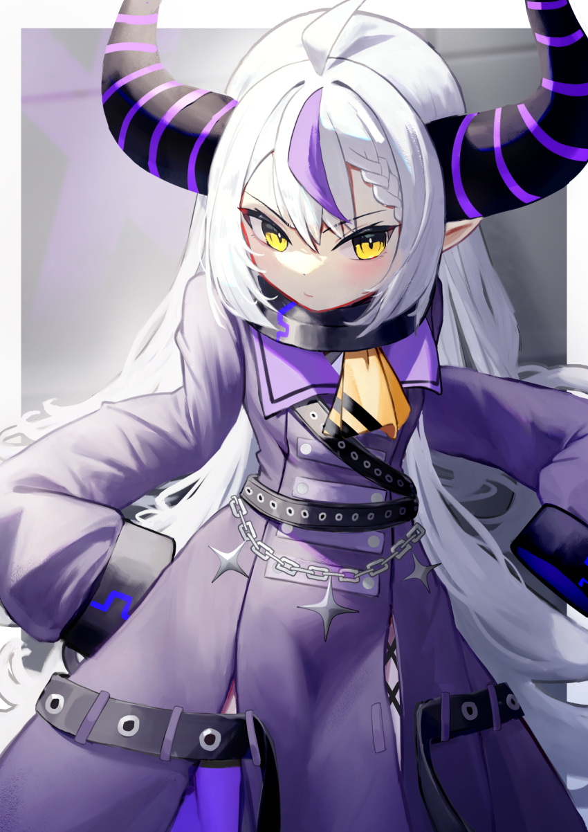 1girl ahoge ascot belt border chain closed_mouth commentary_request cowboy_shot demon_girl demon_horns eyelashes highres hololive horns la+_darknesss long_hair long_sleeves multicolored_hair oukafafafa pointy_ears purple_hair serious shadow sleeves_past_wrists solo streaked_hair two-tone_hair v-shaped_eyebrows virtual_youtuber white_border white_hair yellow_eyes