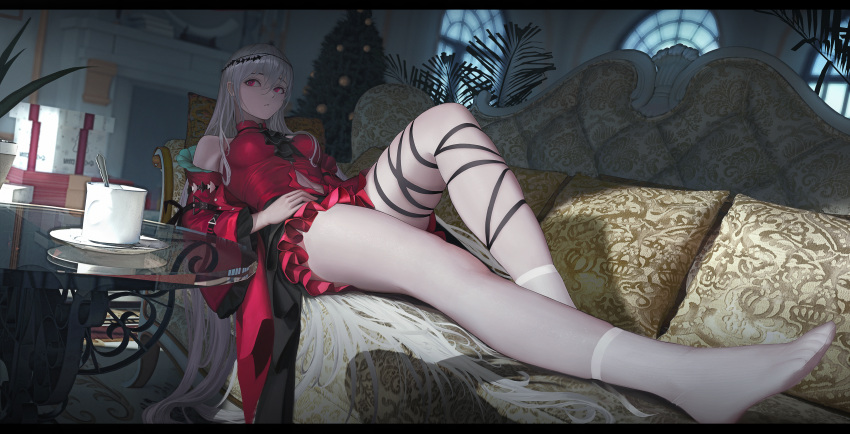 1girl absurdres arknights ascot bare_shoulders black_ascot black_ribbon boots breasts chinese_commentary christmas_present christmas_tree clothing_cutout commentary_request couch cup dress full_body gift hair_ornament hand_on_own_stomach highres indoors knee_up kneehighs leg_ribbon letterboxed long_hair long_sleeves looking_away md5_mismatch medium_breasts navel navel_cutout no_hat no_headwear official_alternate_costume on_couch parted_lips reclining red_dress red_eyes revision ribbon sideways_glance silver_hair sitting skadi_(arknights) skadi_the_corrupting_heart_(arknights) solo thighs white_legwear wide_sleeves zfivez