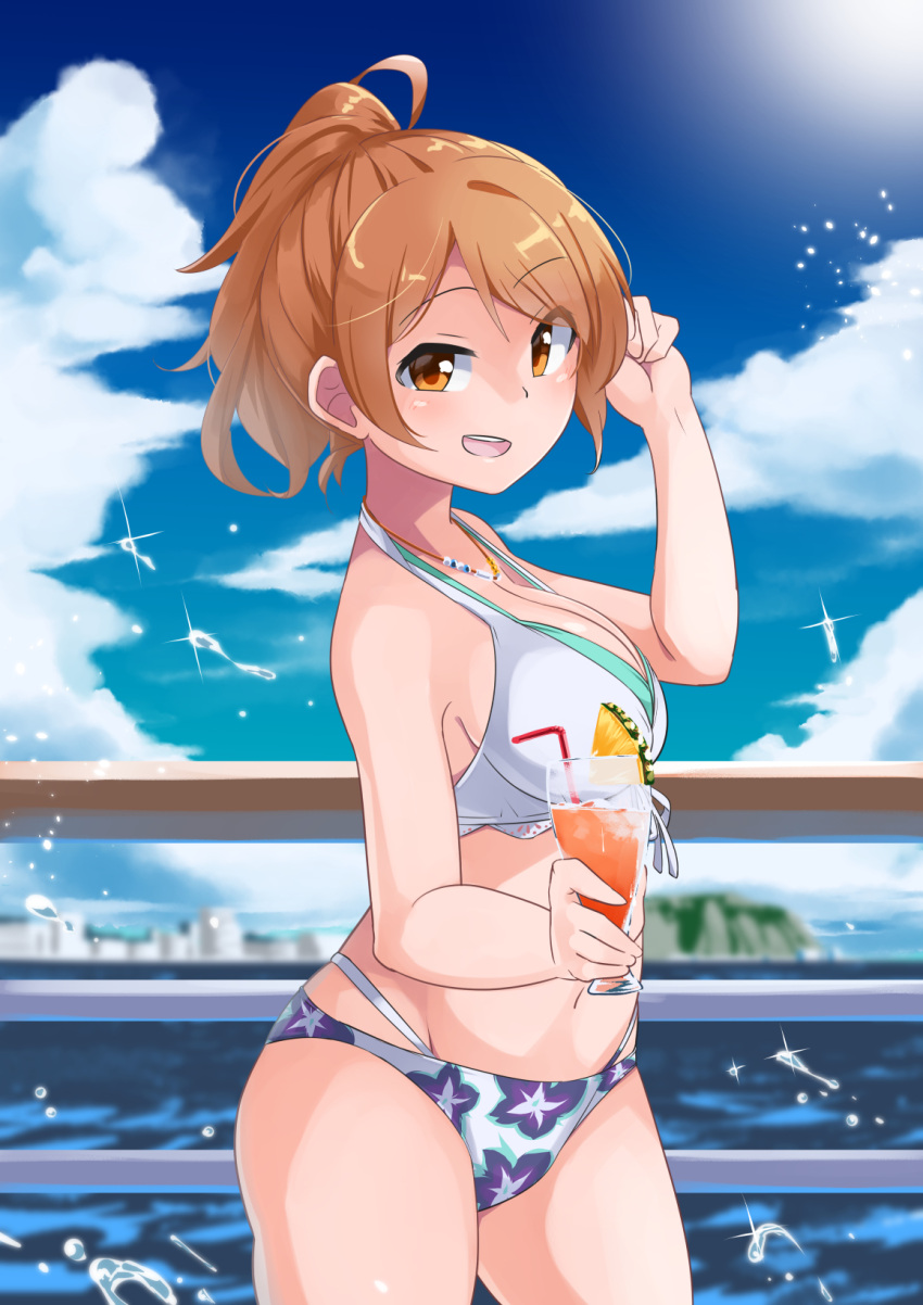 1girl bangs bikini blue_sky blurry blurry_background breasts brown_hair clouds cloudy_sky commentary cowboy_shot cup day depth_of_field drinking_glass drinking_straw eyebrows_visible_through_hair floral_print food from_side fruit halterneck hand_in_hair highres hojo_karen holding holding_cup horizon ice idolmaster idolmaster_cinderella_girls jewelry lime_(fruit) lime_slice looking_at_viewer medium_breasts medium_hair mismatched_bikini multi-strapped_bikini navel necklace ocean open_mouth outdoors ponytail print_bikini railing sky smile solo standing swimsuit water_drop yuuichi_(reductionblack)