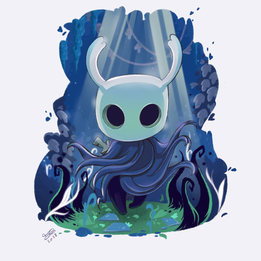 1other border cape dated facing_viewer full_body grass grey_cape highres hollow_eyes hollow_knight horns knight_(hollow_knight) plant shadow signature solo standing sunlight tabiimation vines weapon weapon_on_back white_border