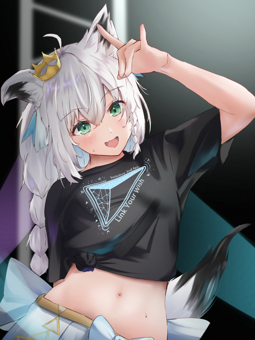 1girl animal_ear_fluff animal_ears bangs black_shirt blush braid breasts commentary_request crown eyebrows_visible_through_hair fox_ears fox_girl fox_shadow_puppet fox_tail green_eyes hair_between_eyes highres hololive hololive_idol_uniform long_hair looking_at_viewer midriff mini_crown navel open_mouth shirakami_fubuki shirt sidelocks single_braid small_breasts solo sweat tail uechin_ewokaku virtual_youtuber white_hair