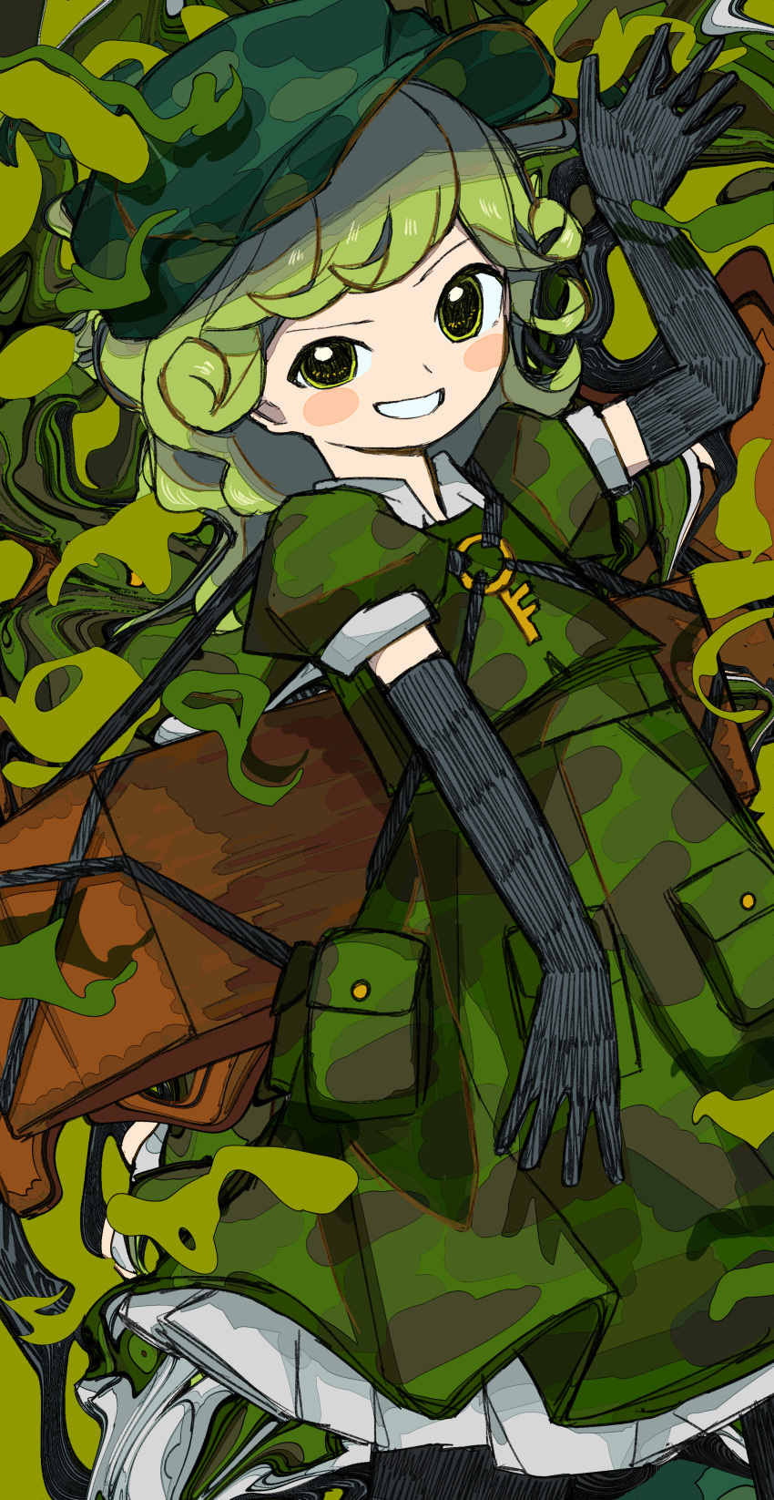 1girl absurdres bag black_gloves black_legwear blush_stickers brown_bag camouflage camouflage_headwear camouflage_shirt camouflage_skirt commentary commission cowboy_shot curly_hair elbow_gloves flat_cap frilled_skirt frills gloves green_eyes green_hair green_headwear green_shirt green_skirt green_theme grin hand_up hat highres key leaf looking_at_viewer medium_hair neruzou puffy_short_sleeves puffy_sleeves raised_eyebrow shirt short_sleeves skeb_commission skirt skirt_set smile solo teeth touhou yamashiro_takane