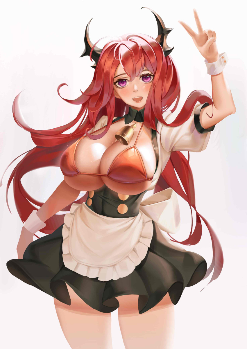 1girl absurdres apron arknights arm_up bangs bell black_skirt blush bra breasts chinese_commentary commentary_request cowboy_shot frilled_apron frills grey_background high-waist_skirt highres horns large_breasts long_hair looking_at_viewer miniskirt open_mouth puffy_short_sleeves puffy_sleeves red_bra redhead renleiwanyier shirt short_sleeves skirt solo standing surtr_(arknights) thighs underwear v very_long_hair violet_eyes waist_apron white_apron white_shirt wrist_cuffs