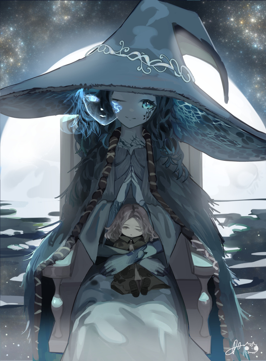 black_coat blue_eyes blue_hair blue_skin boots brown_hair chair coat colored_skin crack cracked_skin da_(datako) doll doll_joints elden_ring extra_arms extra_faces fur_coat glowing_tattoo hat highres hug joints long_hair looking_at_viewer melina_(elden_ring) moon object_hug one_eye_closed own_hands_together ranni_the_witch robe sitting sky smile star_(sky) tattoo wavy_hair white_robe witch witch_hat