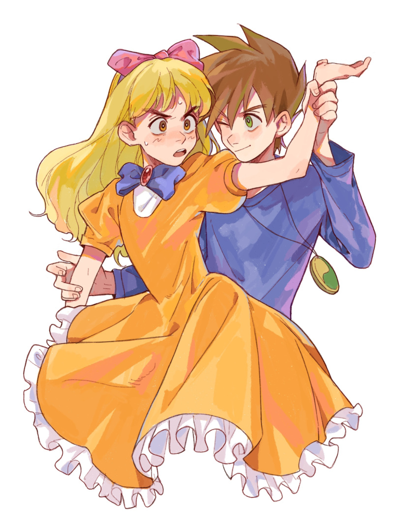 2boys absurdres ashley_(pokemon) ay_(1054105084) bangs blonde_hair blue_bow blue_bowtie bow bowtie brown_eyes brown_hair closed_mouth commentary crossover dress frills gary_oak green_eyes hair_bow highres holding_another's_wrist jewelry long_hair male_focus multiple_boys necklace one_eye_closed open_mouth orange_dress pink_bow pokemon pokemon_(anime) pokemon_(classic_anime) shirt short_hair short_sleeves simple_background smile spiky_hair sweat teeth tongue upper_teeth white_background