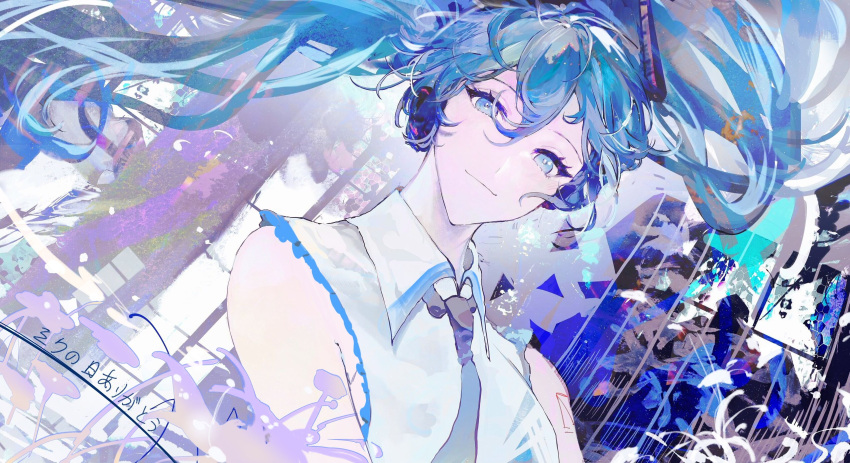 1girl abstract_background absurdres arm_tattoo blue_eyes blue_hair blue_necktie closed_mouth collared_shirt commentary genn_00o hatsune_miku headphones highres looking_at_viewer necktie shirt sleeveless sleeveless_shirt smile solo tattoo translation_request twintails upper_body vocaloid white_shirt