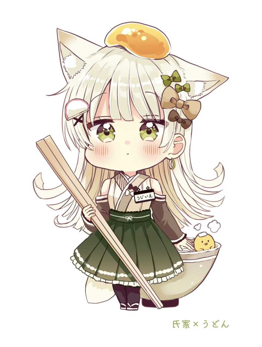 1girl animal animal_ear_fluff animal_ears bare_shoulders bird black_bow black_legwear black_sleeves blush bow bowl brown_bow chibi chick chopsticks closed_mouth commentary_request earrings food-themed_hair_ornament frilled_skirt frills full_body green_bow green_eyes green_skirt grey_hair hair_bow hair_ornament highres holding holding_chopsticks japanese_clothes jewelry kimono long_hair long_sleeves looking_at_viewer original pantyhose pleated_skirt sakura_oriko simple_background skirt sleeveless sleeveless_kimono sleeves_past_wrists solo standing tail translation_request very_long_hair white_background white_footwear white_kimono x_hair_ornament zouri