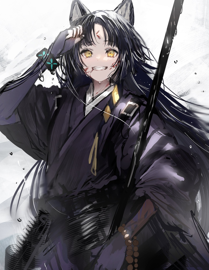 1girl animal_ears arknights backlighting bangs black_hair brush_stroke dog_ears dog_tail elbow_gloves fangs fingerless_gloves gloves hand_on_own_forehead highres holding holding_polearm holding_weapon infection_monitor_(arknights) japanese_clothes kimono layered_sleeves long_hair looking_at_viewer motion_lines nanaponi polearm saga_(arknights) simple_background smile solo sweatdrop tail teeth weapon white_background yellow_eyes