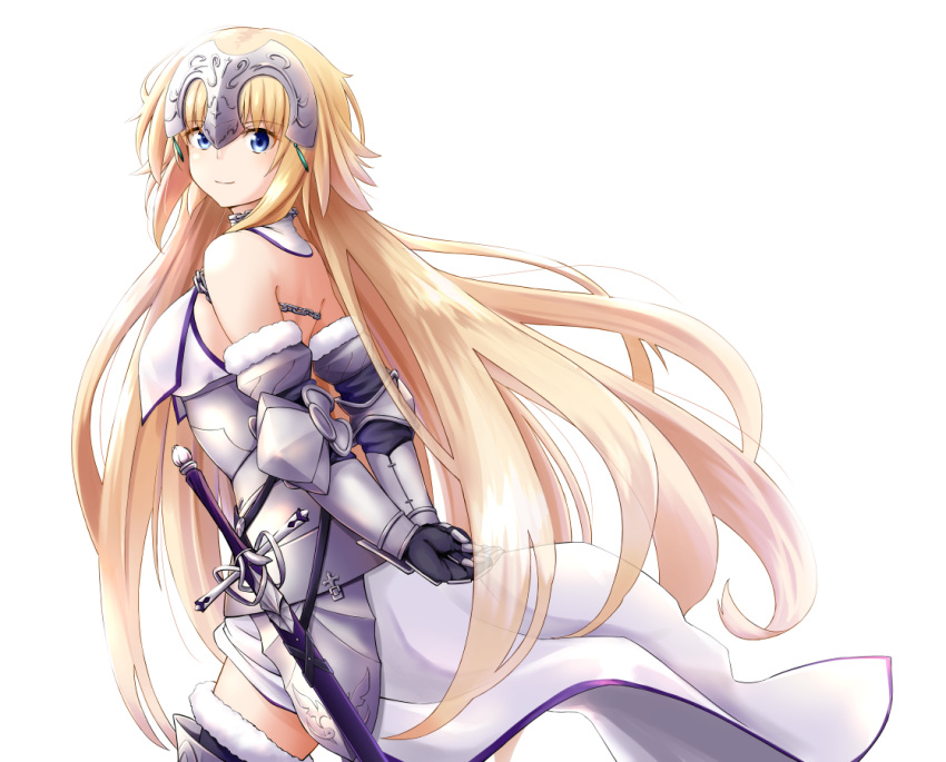 1girl armor armored_dress bangs blonde_hair chain fate/apocrypha fate/grand_order fate_(series) headpiece jeanne_d'arc_(fate) jeanne_d'arc_(fate/apocrypha) long_hair looking_at_viewer looking_back panikuru_yuuto simple_background smile solo sword very_long_hair weapon white_background