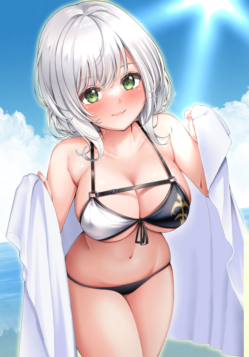 1girl absurdres bangs beach bikini blue_sky blush breasts closed_mouth clouds cowboy_shot day eyebrows_visible_through_hair front-tie_bikini front-tie_top green_eyes hatsanxp highres holding holding_towel hololive large_breasts leaning_forward lips looking_at_viewer medium_hair navel ocean shirogane_noel sky smile solo stomach sunlight swimsuit towel two-tone_bikini virtual_youtuber water white_hair