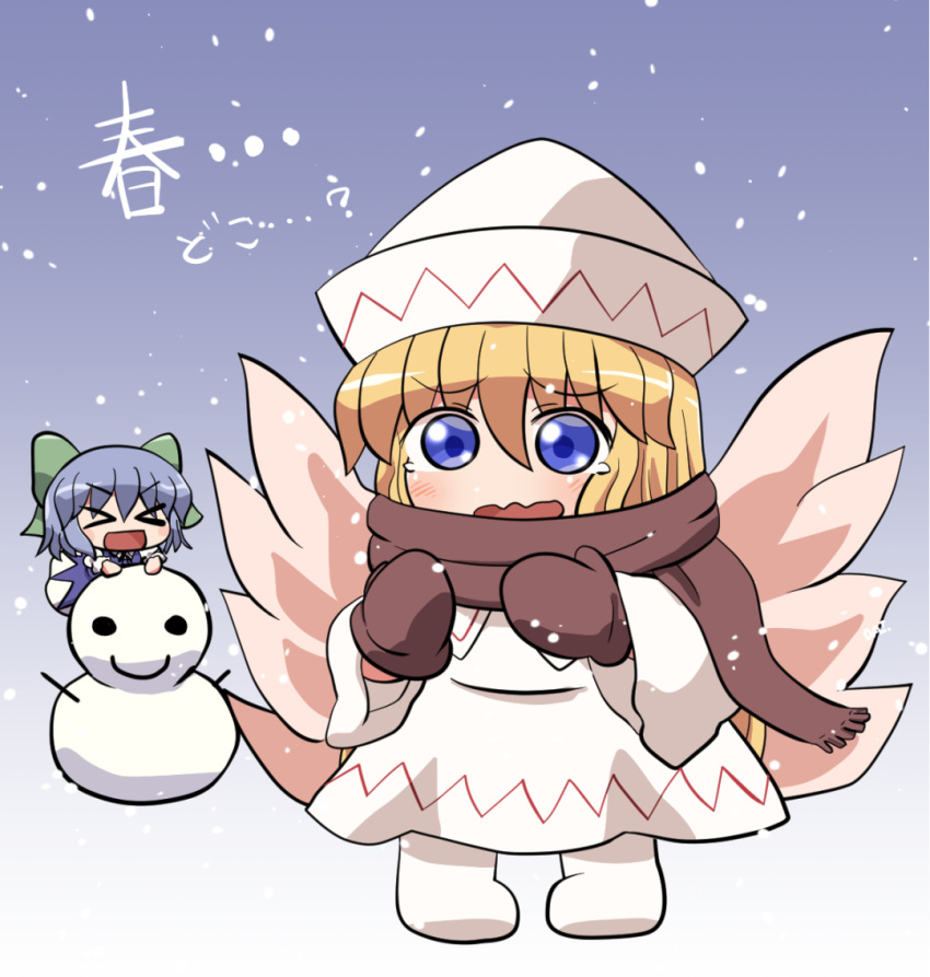 2girls bangs black_bow black_bowtie blonde_hair blue_dress blue_eyes blue_hair blush boots bow bowtie brown_gloves brown_scarf chibi cirno closed_eyes collared_dress collared_shirt commentary_request dress eyebrows_visible_through_hair fairy_wings flying full_body gloves gradient gradient_background green_bow hair_between_eyes hands_up hat lily_white long_hair long_sleeves looking_at_viewer multiple_girls no_wings open_mouth puffy_short_sleeves puffy_sleeves purple_background rokugou_daisuke scarf shirt short_hair short_sleeves smile snow snowing snowman standing tears touhou translation_request v-shaped_eyebrows very_long_hair white_background white_dress white_footwear white_headwear white_shirt wide_sleeves wings